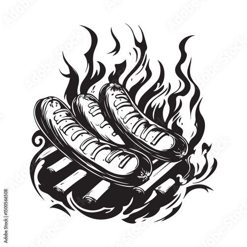 Juicy Sausages on the Grill with Fire Flames. image vector isolated on white background.