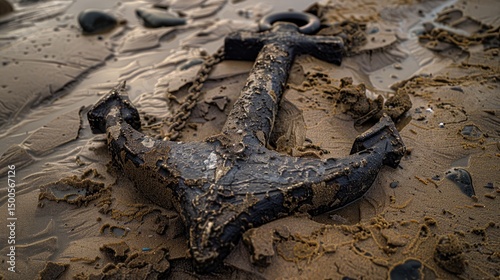 An anchor partially buried in sandy beach, surrounded by wet sand and pebbles.