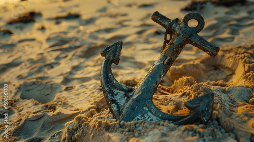 A weathered anchor resting on sandy beach at sunset, symbolizing maritime history.