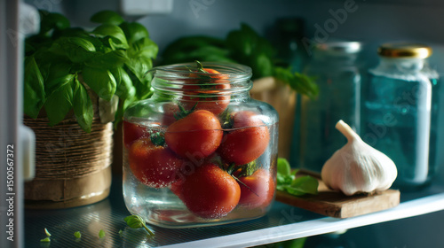 Fresh red tomatoes soaking in water jar with green basil plant and garlic on refrigerator shelf, natural and healthy