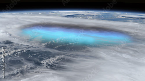 Aerial view of Earth's atmosphere with glowing blue ozone layer and dark gap symbolizing depletion, environmental protection and climate change awareness concept.
