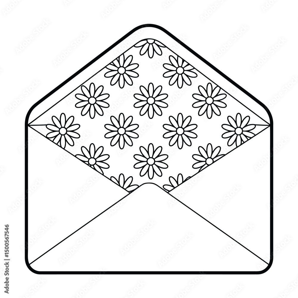Envelope with Flower Pattern Black and White Line Art Illustration