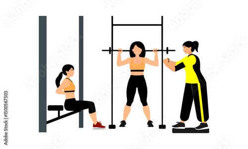 A vector illustration of female personal trainer training a woman in the gym2