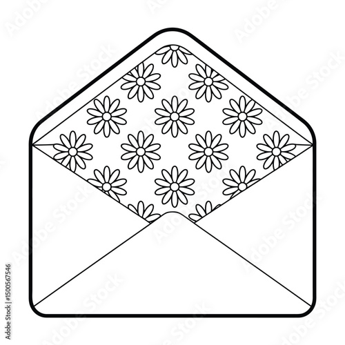 Envelope with Flower Pattern Black and White Line Art Illustration