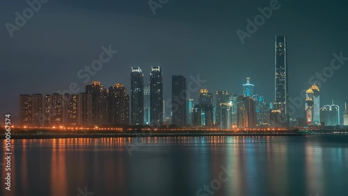 Guangzhou city skyline with modern skyscrapers and pearl river waterfront under twilight sky in china