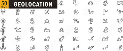 Geolocation editable outline icon set. Map, pin, location, GPS, route, direction and more
