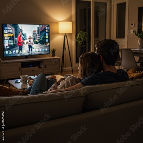 Photo of Couple Watching TV Together At Home During Night In Cozy Living Room