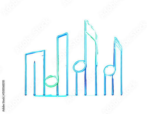 Minimalist neon line art of musical symbol with equalizer display on dark textured wall – isolated on transparent background PNG