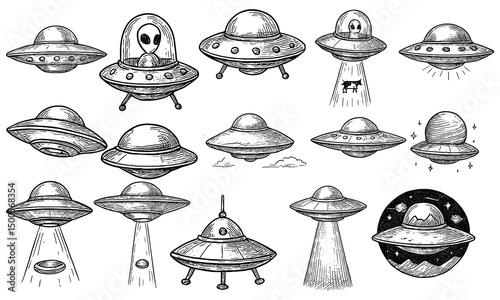 Hand Drawn UFO Spaceship Set
