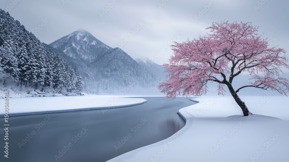 Fototapeta premium Tranquil Scene of a Pink Cherry Blossom Tree by a Serene Snowy River Surrounded by Majestic Mountains and Frosty Pine Trees in Winter Landscape