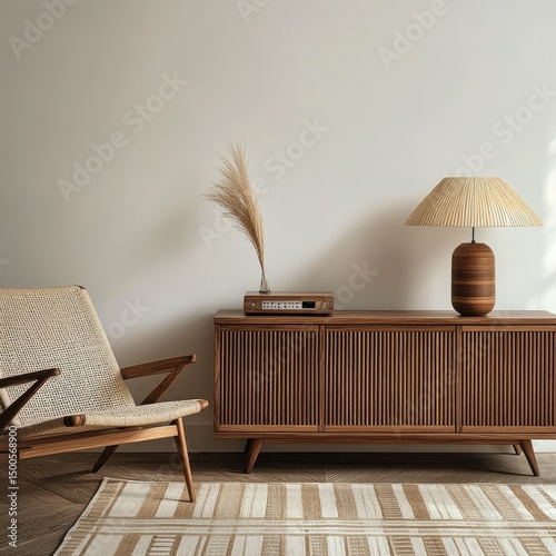 Mid-century modern living room corner featuring a light beige woven armchair, a low wooden cabinet with a slatted front, 