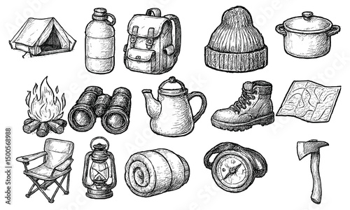 Hand Drawn Camping Equipment Set