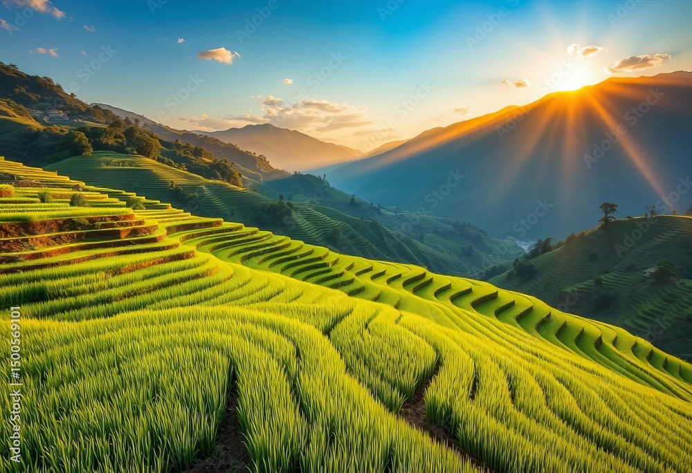 Obraz premium Golden hour light bathes vibrant green terraced rice paddies, mountain backdrop, outdoor, perspective