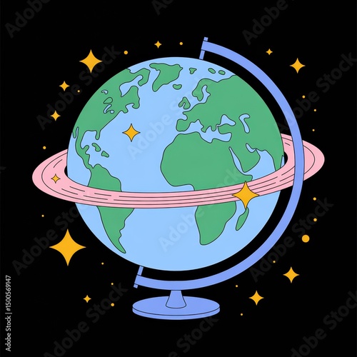 Globe With Orbit and Stars Colorful Earth Illustration for Creative Projects Stock Graphic Image