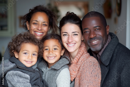 family of five people, including a man and a woman, are smiling and posing for a picture