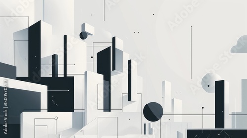 Abstract geometric design featuring black and white shapes resembling a modern cityscape.