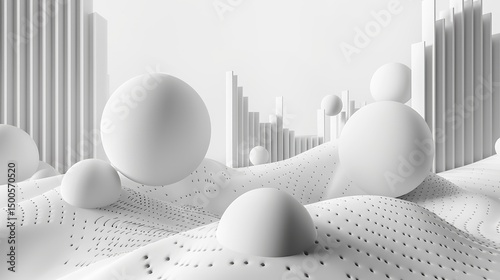 Abstract landscape featuring white spheres and geometric structures on a textured surface.