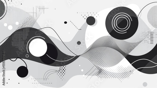 Abstract design featuring black and white shapes, lines, and patterns for visual interest.