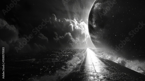 A surreal black-and-white landscape featuring a pathway leading to a large celestial body.