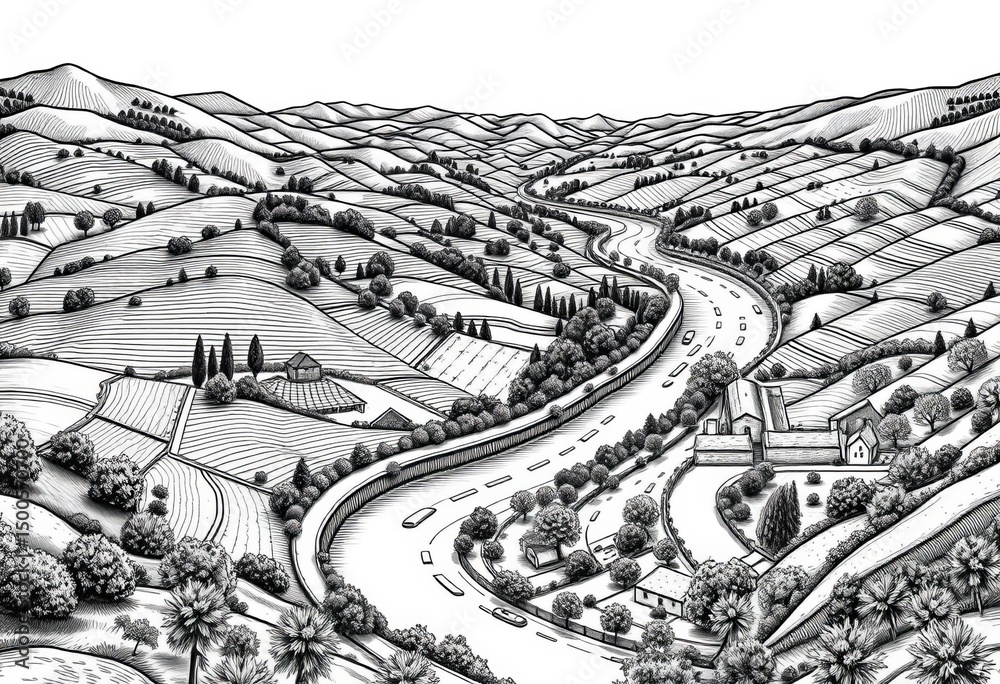 Obraz premium Intricate engraved lines depict rolling hills, farmhouses, and winding rivers, graphic, vintage