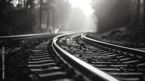 A black-and-white image of curving railway tracks disappearing into a misty forest.