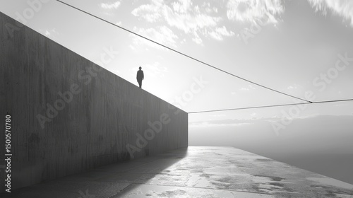 A solitary figure stands on a minimalist structure, contemplating a vast landscape.