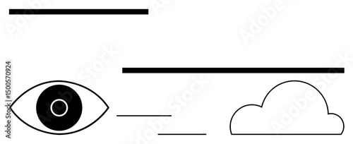 Eye illustration with radiating lines next to a rounded cloud and bold horizontal lines. Ideal for vision, creativity, future, clarity, simplicity, abstract concepts, and a simple landing page