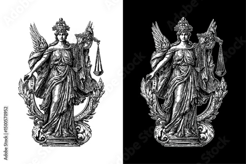 Engraved illustration of Lady Justice holding sword and scales