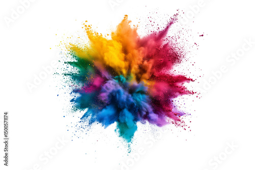 Vibrant rainbow color powder explosion isolated on transparent background