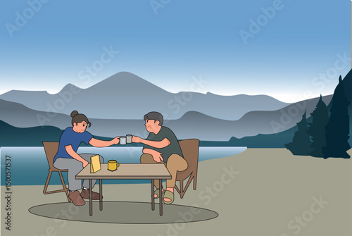 people hanging out together in nature with mountains in the background