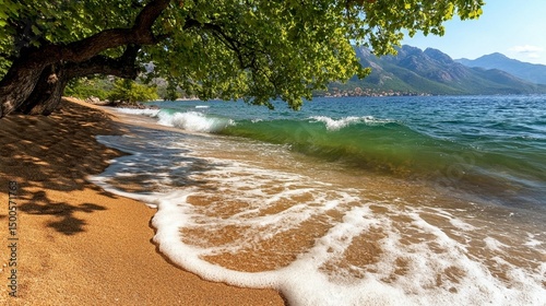 Sunny beach scene with waves gently lapping the shore, lush green tree canopy casting shadows on the sand photo