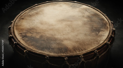 A captivating overhead shot showcasing the rich texture of a vintage drum's skin photo