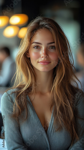 Wallpaper Mural Young woman smiling in a cafe with blurred background Torontodigital.ca