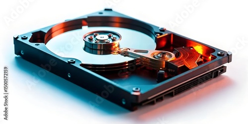 High-Resolution Image of a Computer Hard Disk Drive (HDD) with Internal Components Visible, Showcasing Technological Detail
