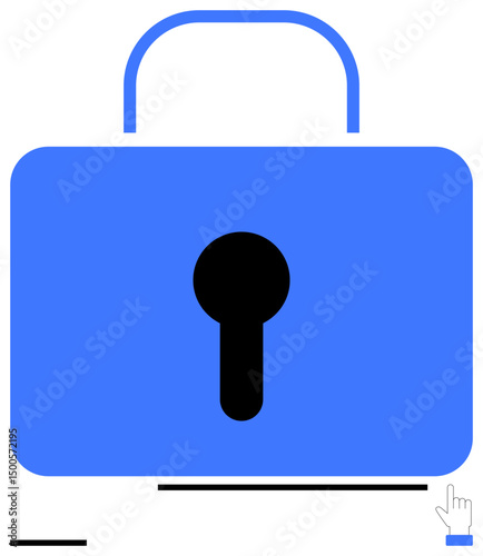 Blue padlock with keyhole and cursor hand, symbolizing data protection, access restriction, digital security. Ideal for cybersecurity, privacy, encryption, online safety, authentication secure