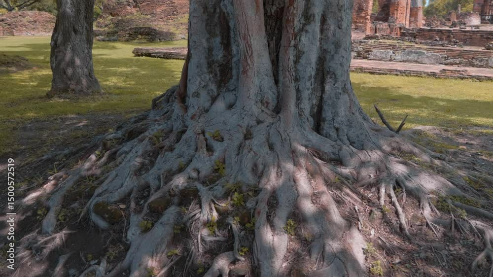 Massive roots of a banyan tree spread out and twist beautifully against the backdrop of the ruins of an ancient Thai temple in Ayutthaya, Thailand. Shot in motion Massive roots of a banyan tree spread out and twist beautifully against the backdrop of the ruins of an ancient Thai temple in Ayutthaya, Thailand. Shot in motion
