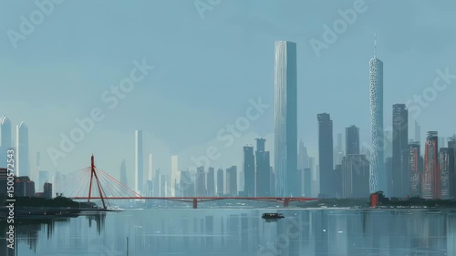 Guangzhou city skyline with modern skyscrapers and pearl river waterfront under twilight sky in china