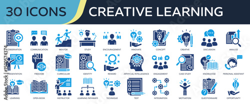 Collection of Creative Learning icons, related to mentor, observation, Creative, knowledge, Learning and more. Solid icons vector illustation.