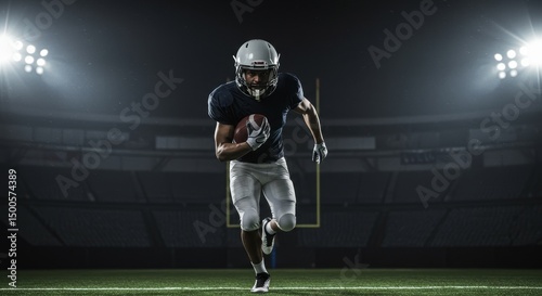 Photo of Football Player Running Towards Goal in Dark Stadium with Rain