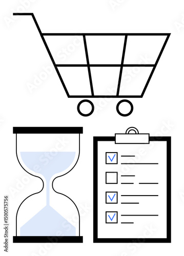 Shopping cart, checklist with checkmarks, and hourglass symbolizing planning, efficiency, productivity, goal setting, e-commerce, task organization. Ideal for commerce productivity tools time