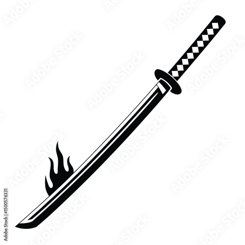 Black and White Silhouette of a Katana with Flames on the Blade