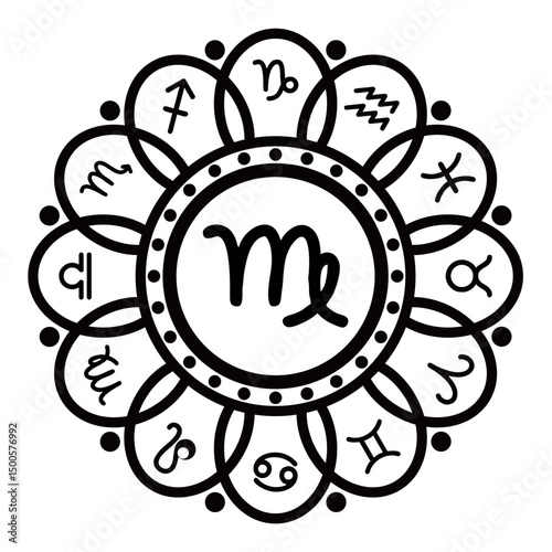 The VIRGO zodiac symbol is black with a twelve-petal flower frame and there are other zodiac signs on each petal.

