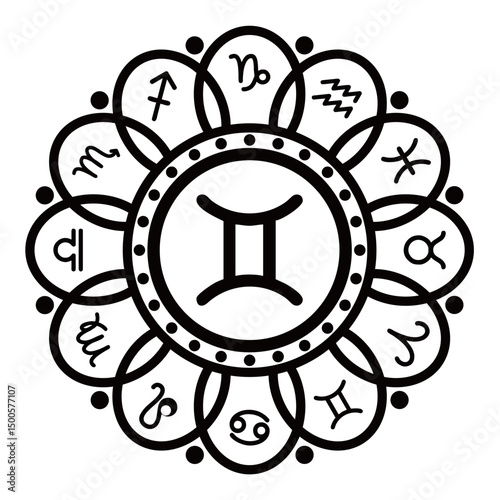The GEMINI zodiac symbol is black with a twelve-petal flower frame and there are other zodiac signs on each petal.