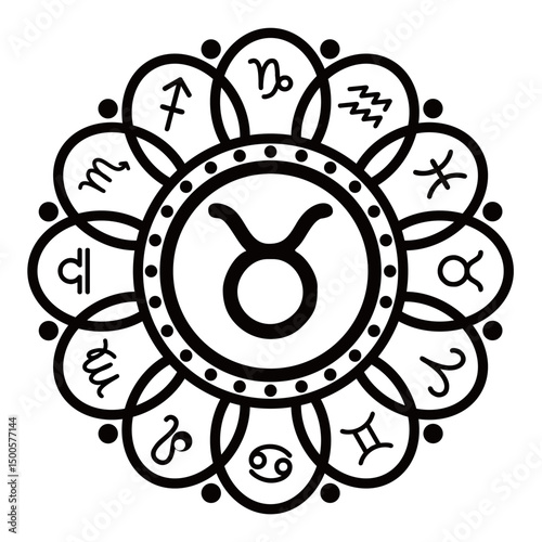 The TAURUS zodiac symbol is black with a twelve-petal flower frame and there are other zodiac signs on each petal.