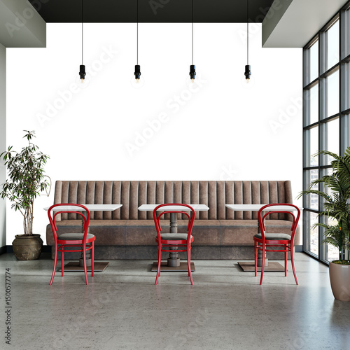 Fototapeta Naklejka Na Ścianę i Meble -  Free PNG wallpaper mockup in Coffee Shop Interior Design, Modern Cafe Interior with Red Chairs and Natural Light, 3D rendering