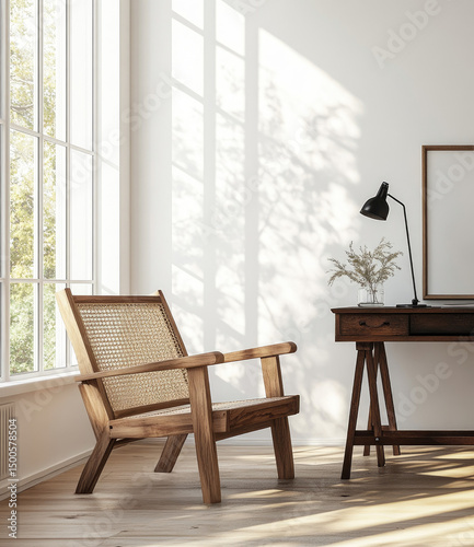 Sunlit room with wooden chair, desk, and framed artwork; natural light streams through a large window casting shadows on a white wall, highlighting the minimalist design aesthetic