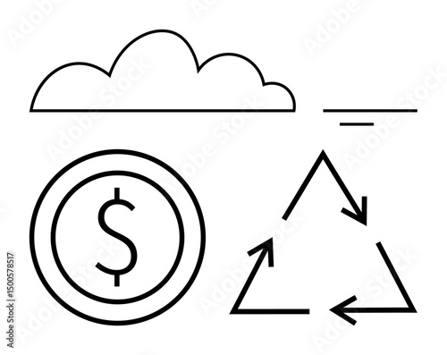 Cloud, recycling triangle, and dollar coin symbol emphasize eco-consciousness and resource management. Ideal for sustainability, finance, environment, renewable energy, green investing, conservation
