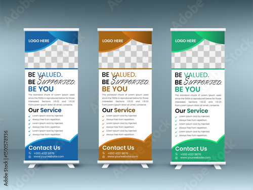 Roll up banner stand template design, blue banner layout, advertisement, pull up, polygon background, vector illustration, business flyer.