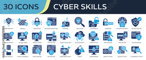 Collection of Cyber Skills icons, related to cyber security, firewall, data breach, network security, cyber attack and more. Solid icons vector illustation.