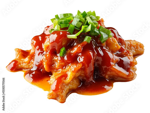 fried chicken covered in sauce with vegetables on top
